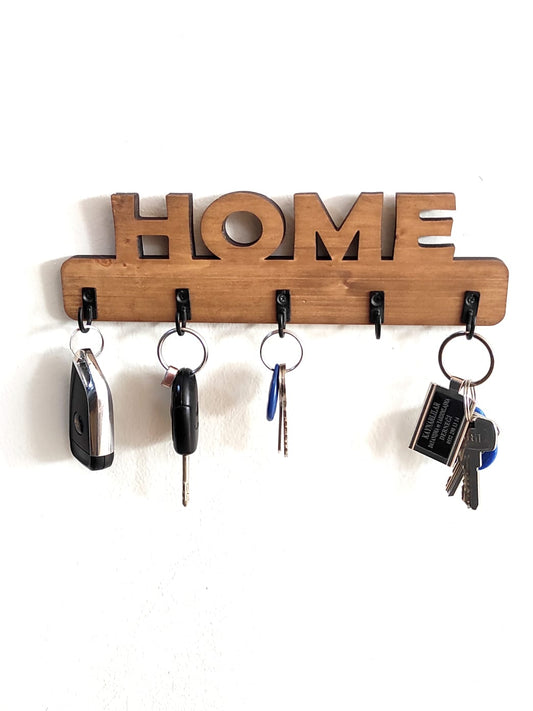 Rustik Ahşap "HOME" Duvar Tipi Anahtarlık | 5 Kancalı Giriş Organizatörü