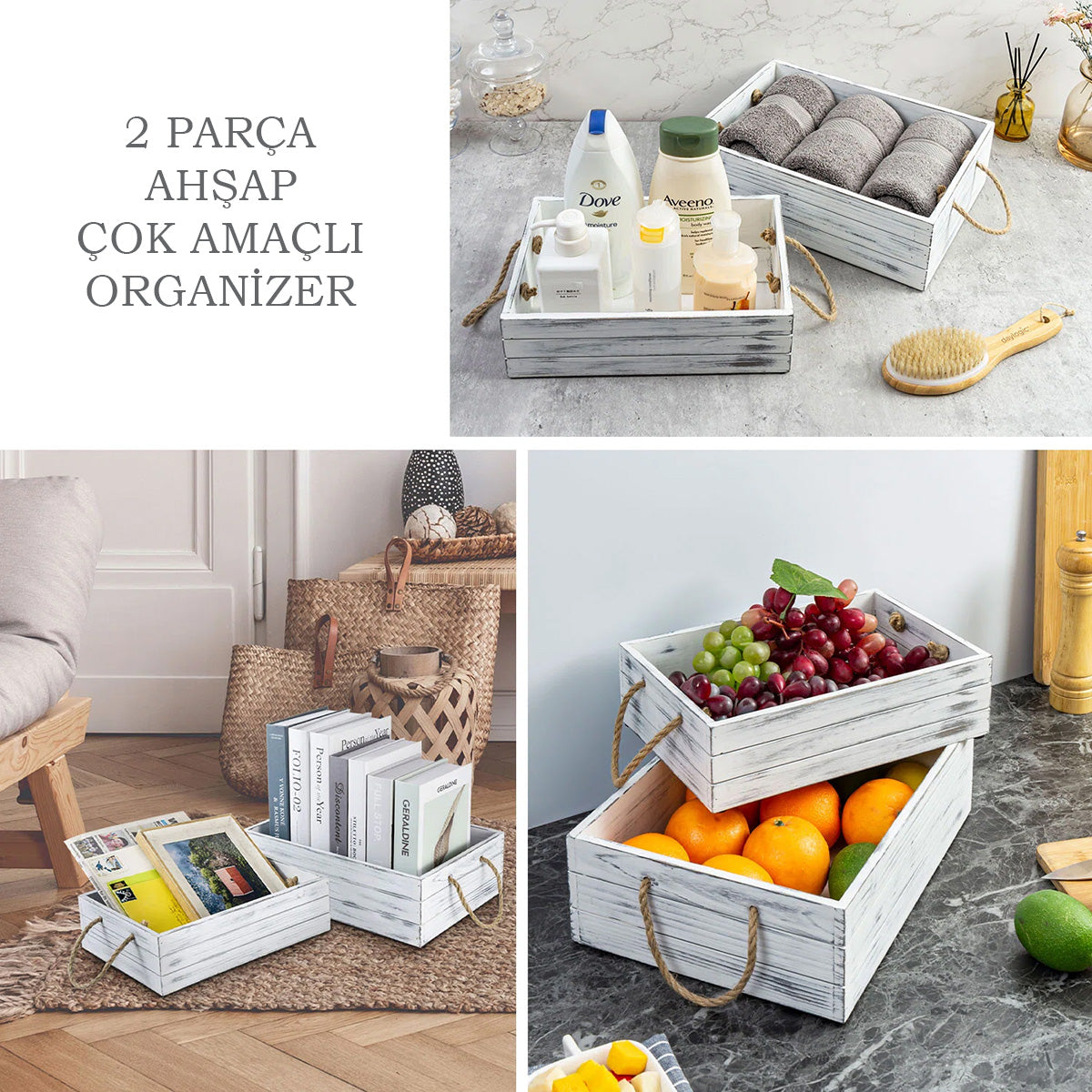 2 Parça Ahşap Çok Amaçlı Organizer – Dekoratif Ahşap Kasa / Sepet