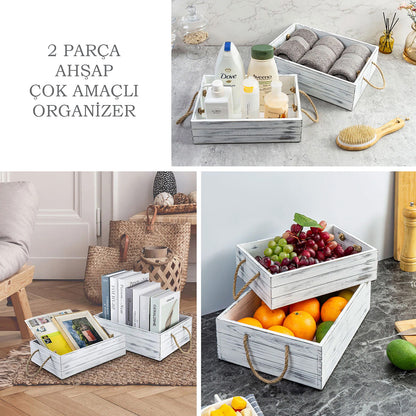 2 Parça Ahşap Çok Amaçlı Organizer – Dekoratif Ahşap Kasa / Sepet