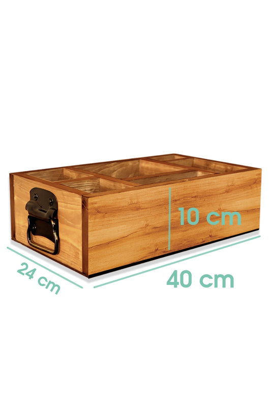 40x24x10 cm boyutlarında, bölmeli ahşap kahve servis kutusu, düzenli depolama çözümü