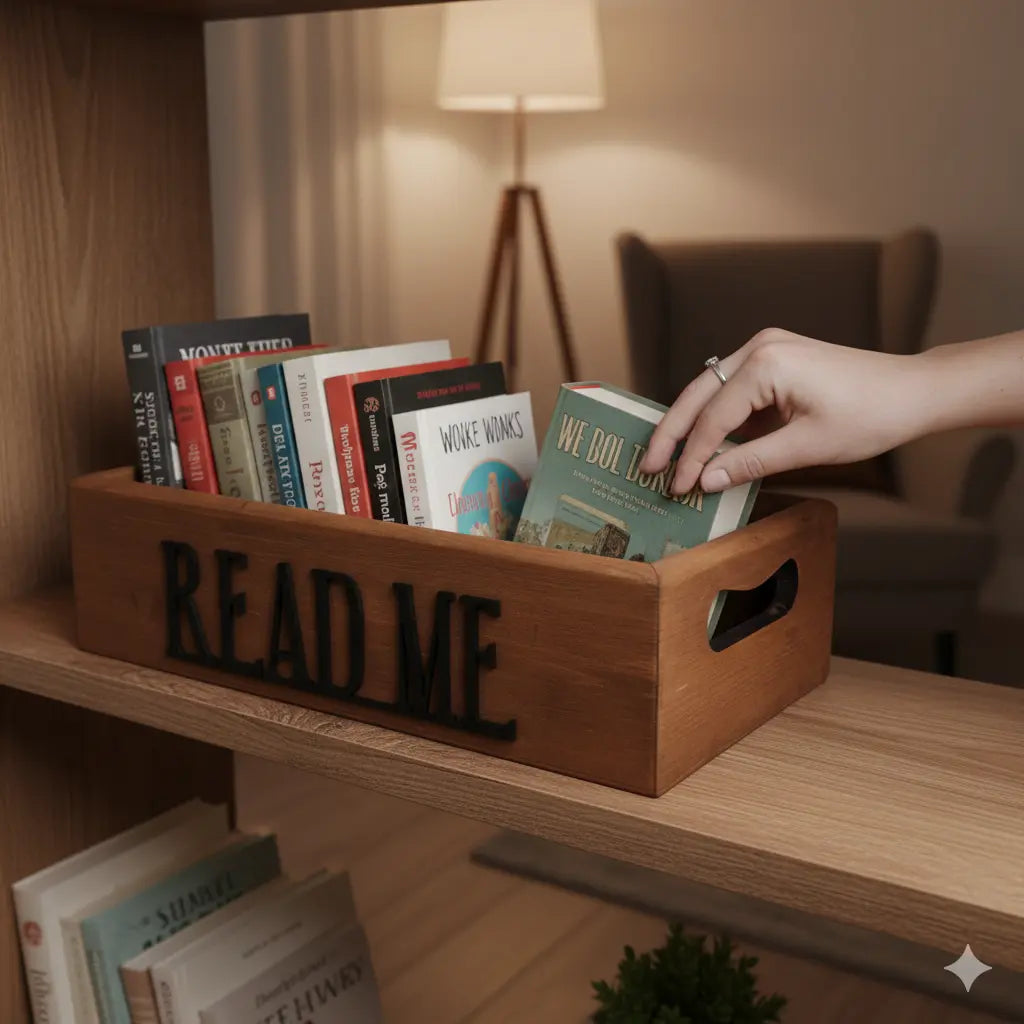 Dekoratif tarzlı "READ ME" kitap kutusuna bir elin kitap yerleştirmesi