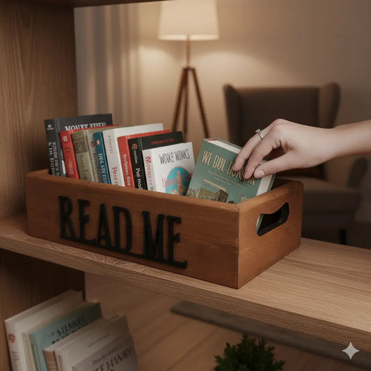Dekoratif tarzlı "READ ME" kitap kutusuna bir elin kitap yerleştirmesi