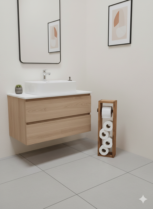 Açık renkli zeminde, ahşap çekmeceli lavabo dolabı önünde, koyu renkli ahşap tuvalet kağıdı depolama rafı yer alıyor.