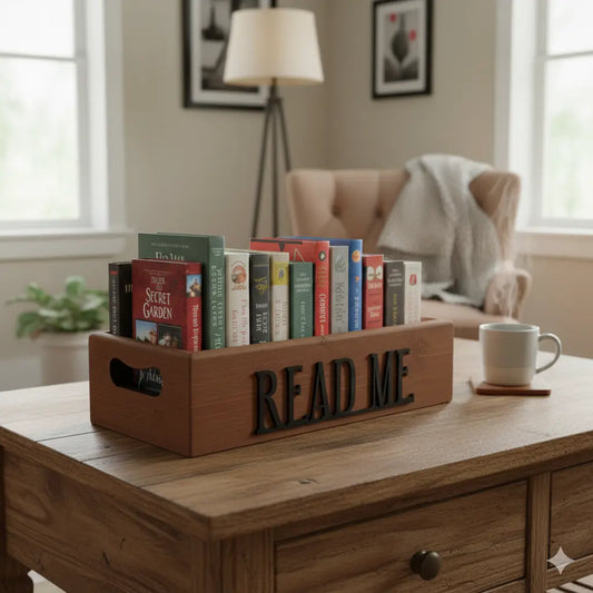 Üzerinde siyah harflerle "READ ME" yazan, sehpa veya kitaplık için mükemmel, rustik ahşap bir kitap kutusu.