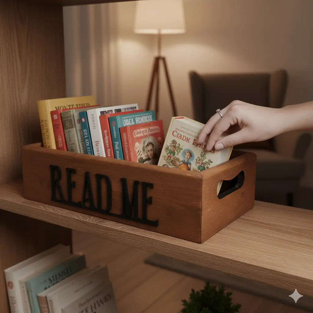 Beyaz bir mutfak tezgahında, kitap depolama amacıyla kullanılan "READ ME" ahşap kitaplığın tam çekimi