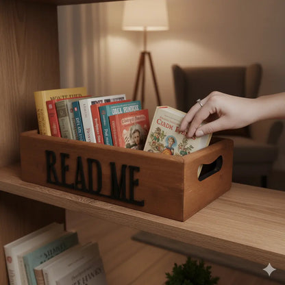 Beyaz bir mutfak tezgahında, kitap depolama amacıyla kullanılan "READ ME" ahşap kitaplığın tam çekimi