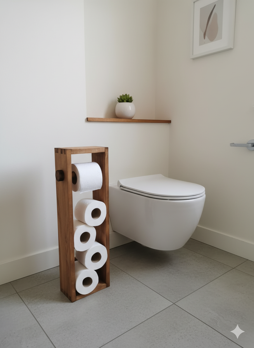 Beyaz duvara monte klozetli minimalist banyoda, koyu ahşap yedek tuvalet kağıdı tutucusu ve rulolar.